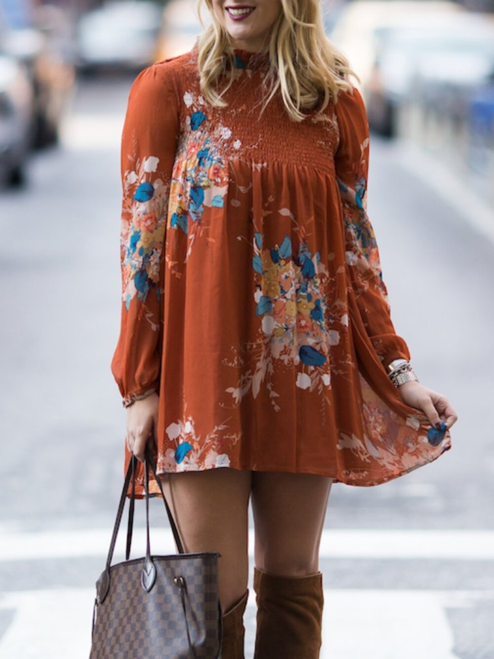 Leith Rust Babydoll Mockneck Dress